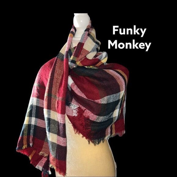funky monkey red plaid beautiful winter wrap! Soft! Nwot - Picture 1 of 6